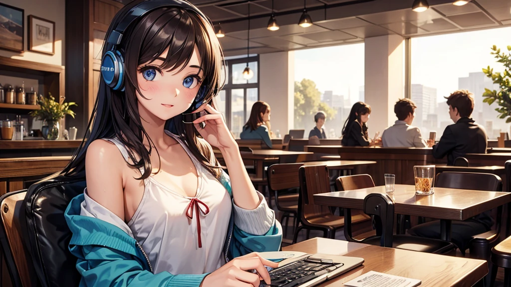 Girl with headphones enjoying music in a cafe　I am studying　Emphasize a little bit of the chest