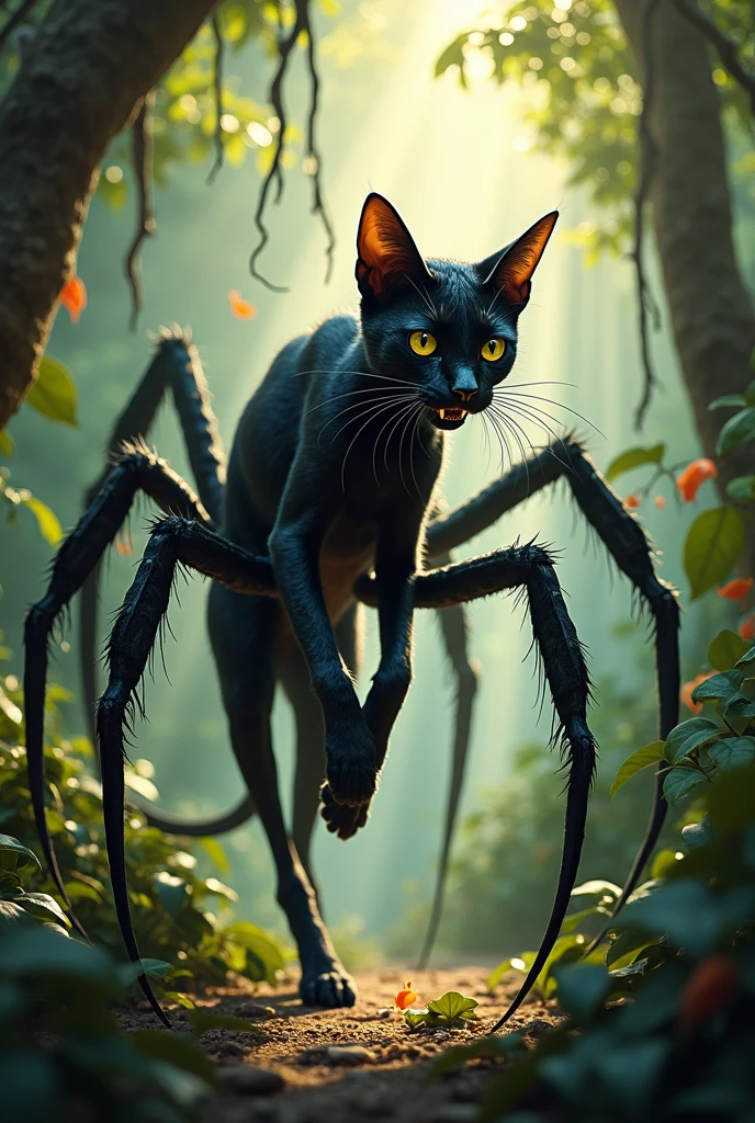 A black cat convart a spider cat in jungle