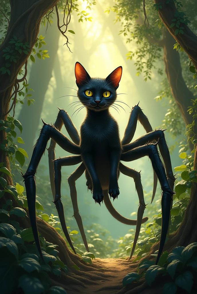 A black cat convart a spider cat in jungle