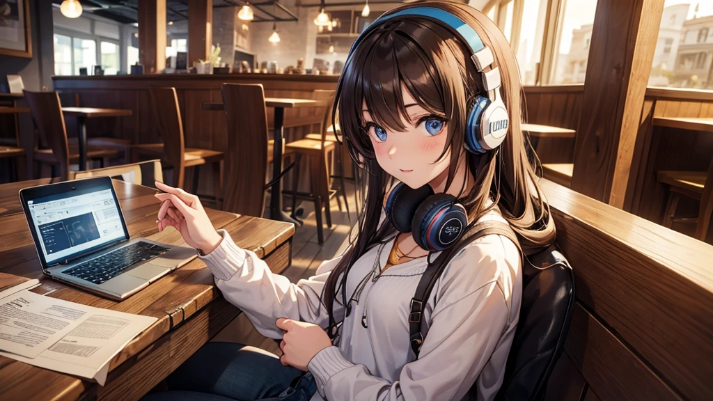 Girl with headphones enjoying music in a cafe　I am studying　Emphasize a little bit of the chest
