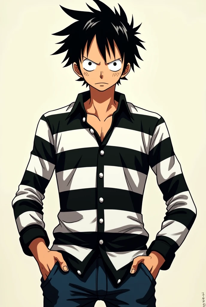 Monkey D. Luffy in prison uniform long sleeve black and white stripes front and back Original anime One Piece