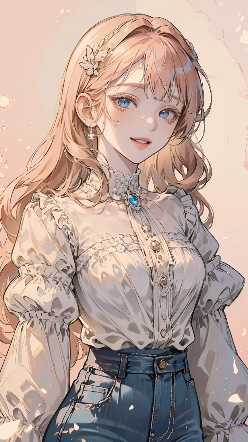 ((best quality)), ((masterpiece)), ((hyundai)), ((illustration)), (detailed), (clear), (Perfect), 1 woman, 1, beautiful, pure, bright smile, pink bob with bangs, white skin, Blue diamond eyes, abundant eyelashes, pretty lips, big bust, small waist, white blouse, jeans, lively pose