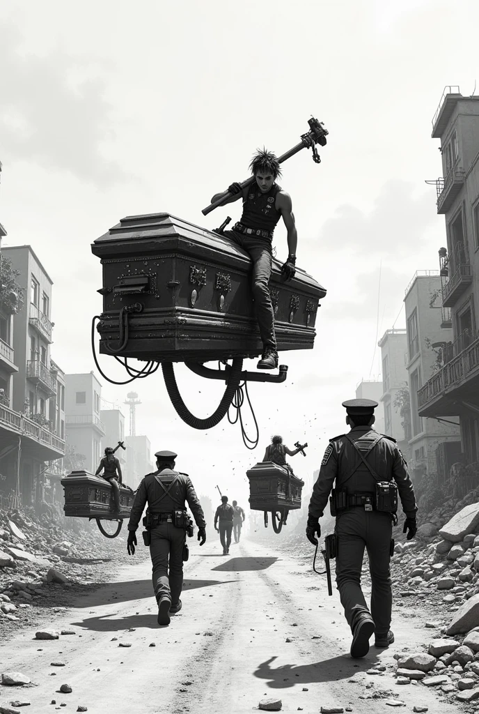 Drawing in black and white and from a distant perspective. In an apocalyptic world, punks ride flying coffins and carry tools in their hands., Following drunken police officers with liquor bottles