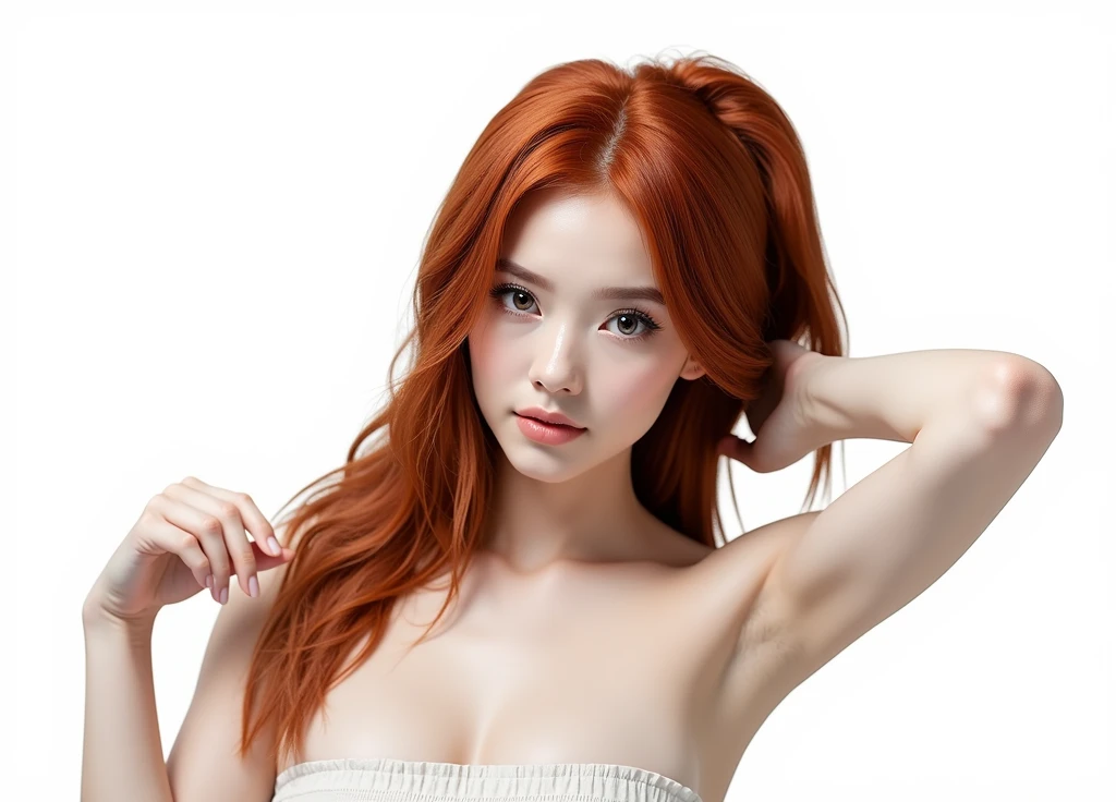 hyper-realistic photo of a woman with (((Red hair))), shown from the bust up, (((8))), with the entire upper body fully visible within the frame. Her hair must be extremely voluminous(((Red hair))), well maintained and perfectly styled. Make sure the woman is portrayed with a clear and natural expression. (((white background))), No details or distractions, just a smooth white surface. The entire upper body of the woman should be fully visible, without any part cut off. (((white background))) Use soft, flat lighting to highlight the texture and shine of her hair and skin.(((Red hair))). The photo must be ultra photorealistic, (((white background))), clear as crystal, 8K UHD, with fine details and a high quality polished finish. Make sure the entire image is sharp and in focus., no blur or softness. Use the lens at its widest aperture to achieve maximum sharpness and ensure that every detail in the image is perfectly clear and in focus..