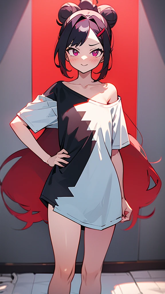 High tail hairstyle, one Ponytail hairstyle, Ponytail hairstyle,white hair, Long wavy black hair, standing posando, anime girl style, pixel art anime style,penetrating look with deep eyes,red and purple eyes, hair with a ponytail hairstyle trapped with a big red bun, women, red hair clips, x color shaped hair clips , smiling face blush, next to his bed, Black hair, thighs grandes, NSFW, from below, neckline, looking at the viewer, lascivious smile, ((oversized t-shirt)), off the shoulders, without pants, washing machines, thighs, ((White T-shirt)), standing, hands on the hips,Hair down to the back