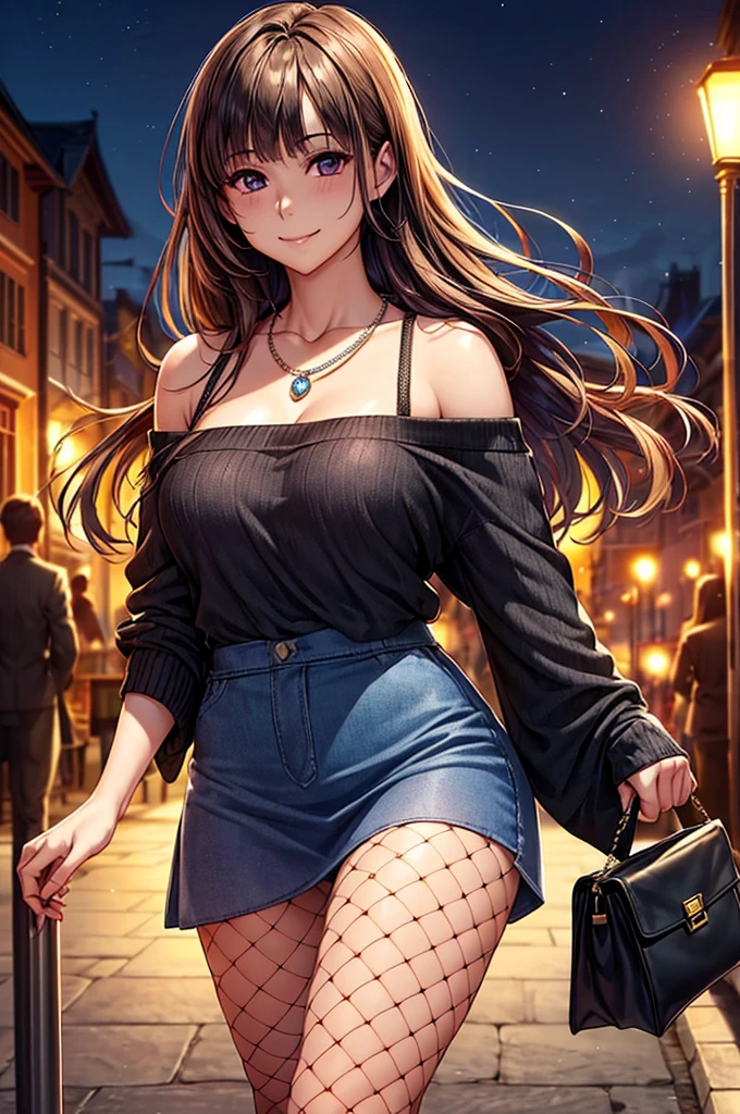 (Masterpiece:1.5, Highest quality, Realistic:1.2), Beautiful illustrations, (Natural Side Lighting, Cinema Lighting), , View your viewers, 1 person, Japanese, Beautiful adult woman:24-years-old, Perfect Face, Cute and symmetrical face, Glowing Skin, (Long Hair:1.5, Straight hair:1.4, Light brown hair), Blunt bangs, Swept-apart bangs, Big eyes, Droopy eyes, Purple eyes, Long eyelashes, (Medium chest), thin, Beautiful Hair, Beautiful Face, Beautiful attention to detail, Beautiful clavicle, Beautiful body,Beautiful thighs, Beautiful feet, Beautiful fingers, ((Off-the-shoulder knit、1 handbag、Diamond Necklace、mini skirt、Fishnet tights)), smile,, Beautiful views, evening, (Outdoor:On a large bridge:Street lamp),, Are standing, (かわいらしいsmile, Upward glance),