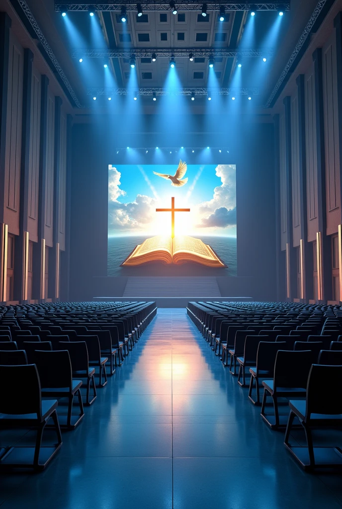 A very huge and wide rectangualar meeting hall, with many rows and Columns of chairs devided with 3 walk ways,blue and white light in the building,ceiling with many spot lights, A wide Huge stage at a far end, background of the stage "a full screen shoing A light shining out from a bible cross on the top of the bible and a dove on the top of the cross"
