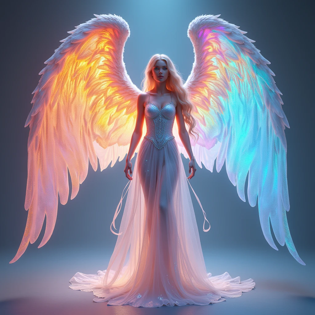 One person, (((ドレス姿1.5))), ((((3 pairs of 6 wings:2.0)))), Beautiful angel, (((The upper wing is warm colored, the middle wing is iridescent, and the lower wing is cool colored.))), (rainbow colop body), 2 tails, Holographic, (The wings are symmetrically paired;1.8), Rainbow gradient