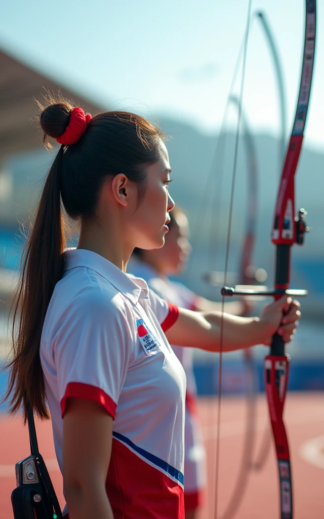 Ultra-high resolution,Women's archery team,Korean team,real picture,(1 beauty,Super beautiful,Fair skin)full-body shot,Panoramic vistas,Wide-angle lens,Olympic Games venue,Professional equipment,Focus,Ten rings,Olympic competition background