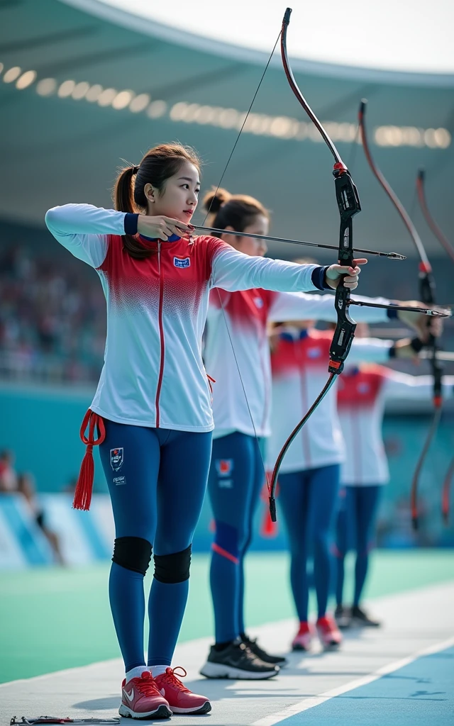 Ultra-high resolution，Women's archery team，Korean team，real picture，（1 beauty，Super beautiful，Fair skin）full-body shot，Panoramic vistas，Wide-angle lens，Olympic Games venue，Professional equipment，Focus，Ten rings，Olympic competition background