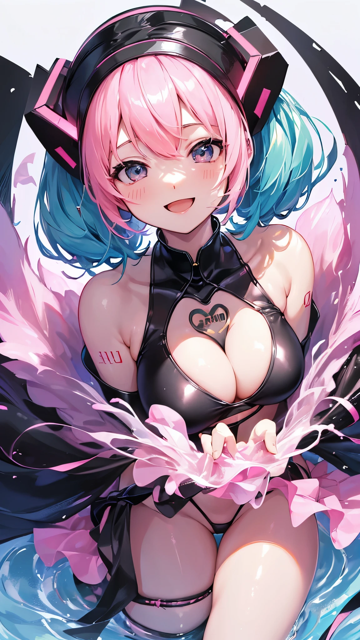 (((anime-style cute face))),(((Two Women、Hatsune Miku and Megurine Luka))),Highest quality, (Sharp details), (8k, RAW Photos, Highest quality, masterpiece), (extremely detailed 8k wallpaper),Professional Lighting,Sharp focus, Depth of written boundary、Ticker,(((Face close-up)))、(looking at the camera),((((very happy face))))、Very big eyes、anatomically correct body、Big thighs、Light from the front、The face is bright、Luxury、Healthful、Slightly muscular、((((Shiny pink and black high leg swimsuit))))、(Frilly mini skirt)、(Fitted clothing)、wrinkles of the female genitalia、Cleavage、Belly button、Nipples seem to be visible、White gloves、Glowing Skin、Skinship、(Lewd)