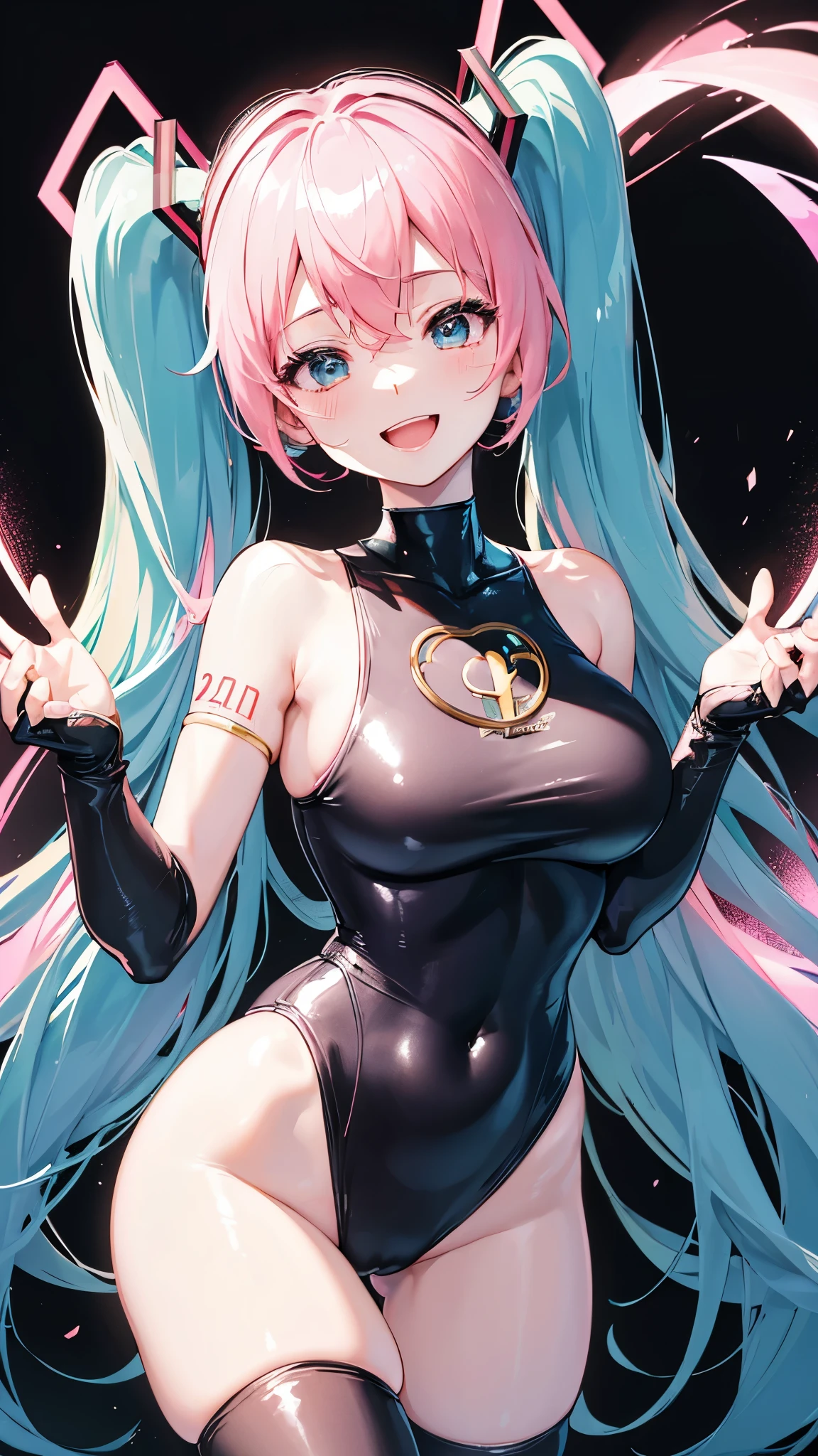 (((anime-style cute face))),(((Two Women、Hatsune Miku and Megurine Luka))),Highest quality, (Sharp details), (8k, RAW Photos, Highest quality, masterpiece), (extremely detailed 8k wallpaper),Professional Lighting,Sharp focus, Depth of written boundary、Ticker,(((Face close-up)))、(looking at the camera),((((very happy face))))、Very big eyes、anatomically correct body、Big thighs、Light from the front、The face is bright、Luxury、Healthful、Slightly muscular、((((Shiny pink and black high leg swimsuit))))、（Frilly mini skirt）、（Fitted clothing）、wrinkles of the female genitalia、Cleavage、Belly button、Nipples seem to be visible、White gloves、Glowing Skin、Skinship、（Lewd）