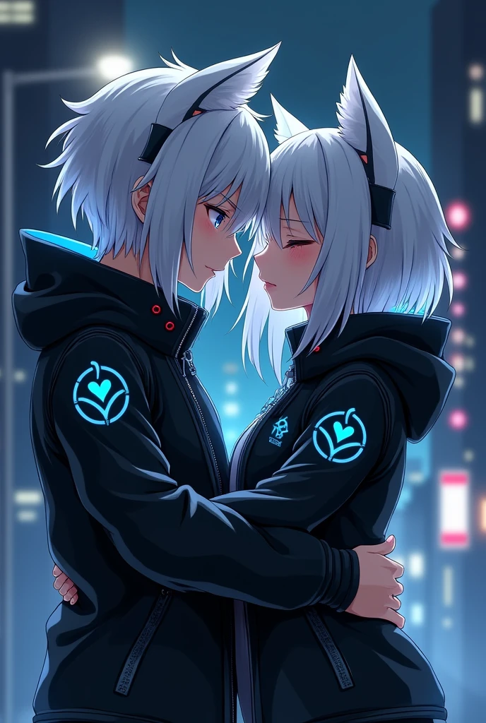 Anime girl and boy hugs each other both are wearing black jacket with some future astic blue pattern on it background city jacket cover with head and zoom more and background little bit of dark jacket has hat and they are wearing it anime boy and girl both have white hair and make their look little bit of wolf style make background night city