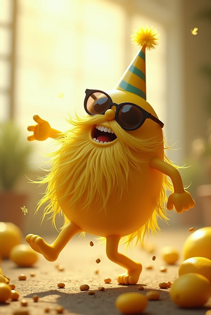 Lemon with beard dancing in sunglasses and birthday hat