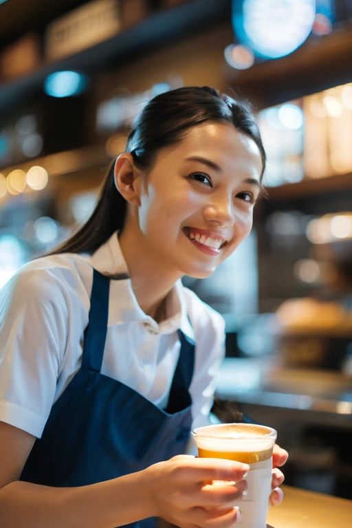 (8k, RAW photo, best quality, masterpiece), (photorealistic), outstanding details, ultra-high resolution, anatomically correct, textured skin, (Extremely precise and accurate anatomy),
Ultra Detailed Face, Detailed Eyes,
1 Girl, barista uniform, forehead, pulled back hair,
(Cute Japanese girl , 1), light smile,
cinematic lighting in the hair, hair light, wind in the hair,
(open cafe),
(backlighting),
(reflection light from below:1.4),
atmospheric perspective, depth of field,
(dramatic lighting), cinematic lighting,