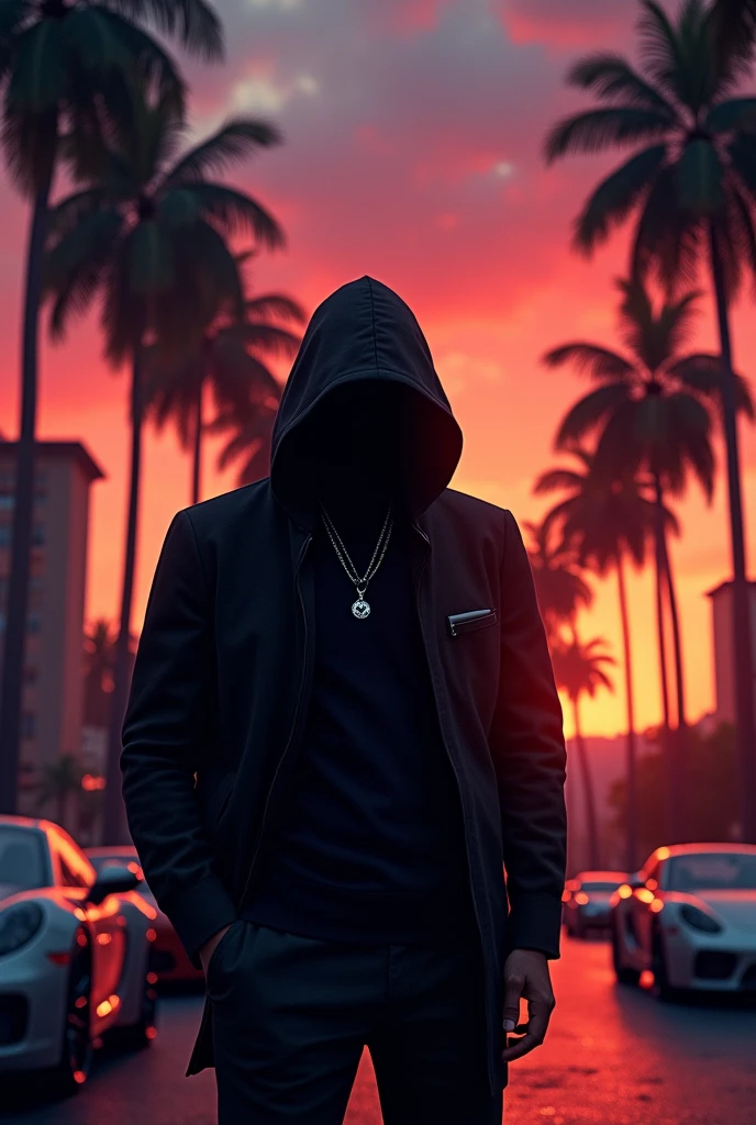 a man, not visible in the shadow, with a discreet silver necklace on a street with palm trees. In the background a red-orange-violet sunset.  Sports cars parked on the street are barely visible