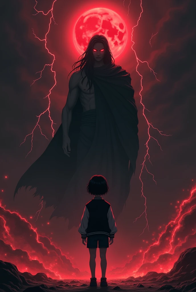 I want a mysterious picture. My book is on an ancient greek civilisation. Black colour theme. Zeus should be standing behind the girl. She has dark hair and a tomboy. I want a dark zeus standing behind her. Also only her back is visible. She ll be surrounded by thunder and lightning and also fire. No frocks or dresses. A jeans and shirt. Also dark zeus. Only surrounded by fire and lightning. And no anime. Realistic picture. A dark one. Zeus should not be visible a lot. Like people shouldnt know its zeus. So just a darkenned zeus. I dont want people to know its him. Um why dont we put a cloak on top of him. Make him more darker. A dark version. I dont want him to be white at all. Darker. I also want bit of blood moon. I want zeus larger. And throwing thunderbolts at the girl. Make zeus extra black. His eyes will bw glowing red. Make the whole background to pitch black. Only light is from fire the blood moon and lightning. Make it look realistic and cool. Not like a kids. Pure adult. No moutains or anything. Complete pitch black. Complete road has to be black. Put some clothes on zeus. The girl has short hair btw. Darker. Dark blood red moon. Cover zeus's face with a cloth. Make the girl short. She s 14 and will wear a varsity jacket. Make it black. Make zeus as a fading background. Totally black colour completely covered by a cloth. Zeuss eyes will be bloody red.