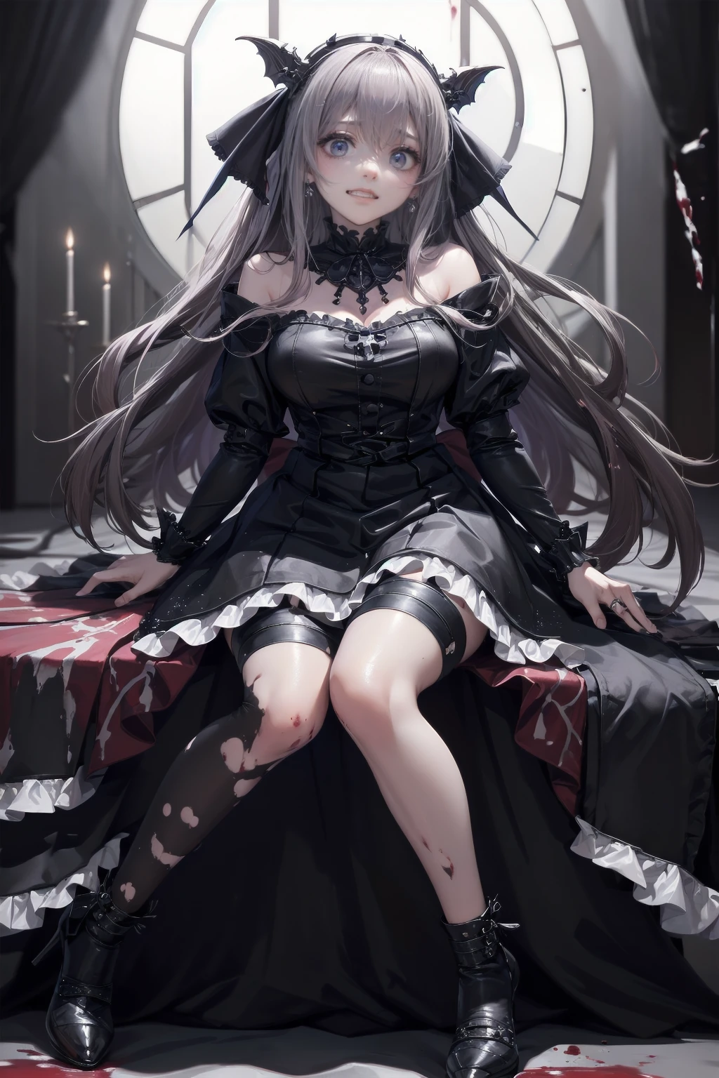 (Masterpiece, best quality), (perfect athlete body: 1.2), (detailed hair), ultra-detailed, anime style, full body of gothic girl in black gothic lolita dress, with big horns, long black hair, golden eyes, dressed in black, holding a stuffed animal, wearing raised shoes, digital painting, 8k high resolution, trending art station, white background, whole body,