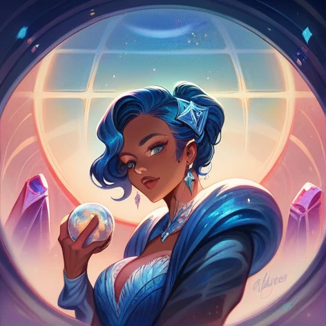science fiction, beauty girl with rococo and baroque style, ball, crystal stars, fashion style, robot art time travel, luxurious, futuristic, space ship, haute couture fantasy world, Glas crystals, steam,Mermaid brown skin, dark blue hair
