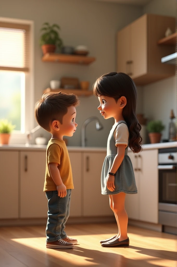 3d image style" A  boy answer his30 year old mom, both standing in the kitchen 