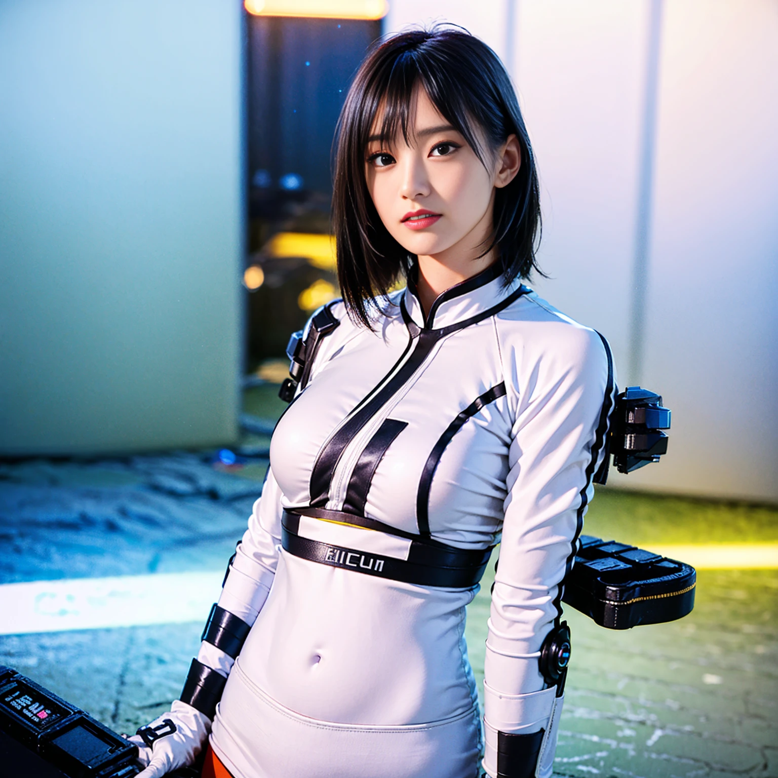 ((Highest quality)), ((masterpiece)), ((Realistic)), (detailed), (Photorealistic:1.5), Future Girl, Japanese,(Very thin body), (White bodysuit),yamamotosayaka,Lights on Armor, Cybernetic Headwear, Exposed abdomen,Looking into the camera, Dynamic Pose, sf, Hmph, Ray Tracing, NVIDIA, Super Resolution, Unreal 5, Scattered beneath the surface, PBR Texturing, postprocessed, Anisotropic Filtering, Depth of written boundary, Maximum clarity and sharpness, Rule of thirds、8K RAW、(Luminous Particles:1.4)、(非常にdetailedなCG、Unity 8k wallpaper、。.3d、Cinematic lighting、Lens flare)、Reflective plate、Sharp focus、Cyberpunk art、Cyberpunk architecture、