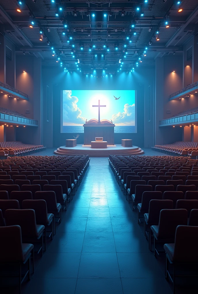 A very huge and wide rectangualar meeting hall, with many rows and Columns of chairs devided with 3 walk ways,blue and white light in the building,ceiling with many spot lights, A wide Huge stage at a far end, background of the stage "a full screen shoing A light shining out from a bible cross on the top of the bible and a dove on the top of the cross"