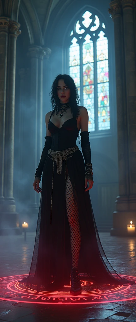 rough drawing sketch a beefy buff tall emo pale witch gothic woman wickes smile evil smirk stomping in dark foggy gothic cathedral spire l around glowing hex circle magic on ground, witch hat, black velvets, lace, fishnets and leather tinged with scarlet or purple, accessorized with tightly laced corsets, gloves, platform boots and silver jewellery depicting occult themes elegantly quaint in black sludge morbid, fashion and style of dress, typical gothic fashion includes black dyed hair and black clothes wear dark eyeliner, dark nail polish and lipstick, and dramatic makeup (best quality,4k,8k,highres,masterpiece:1.2),ultra-detailed,(realistic,photorealistic,photo-realistic:1.37),HDR,UHD,studio lighting,ultra-fine painting,sharp focus,physically-based rendering,extreme detail description,professional,bokeh,portrait,high fashion,elegant,glamorous,cinematic,dramatic lighting,moody,mysterious,sensual,sophisticated