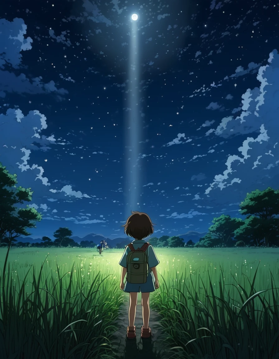 stylo anime Ghibli The image shows a child from behind, standing in a moonlit field, while holding a flashlight. The sky is full of stars and clouds, creating a magical and serene atmosphere. The vegetation is lush, and the atmosphere evokes a sense of adventure and exploration in nature at night.on!!!!!! and shadow,