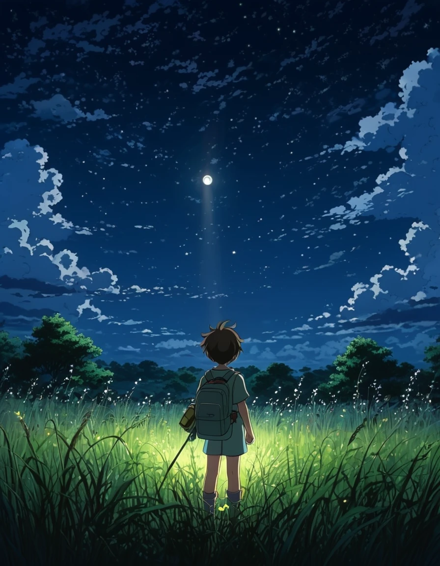 stylo anime Ghibli The image shows a child from behind, standing in a moonlit field, while holding a flashlight. The sky is full of stars and clouds, creating a magical and serene atmosphere. The vegetation is lush, and the atmosphere evokes a sense of adventure and exploration in nature at night.on!!!!!! and shadow,