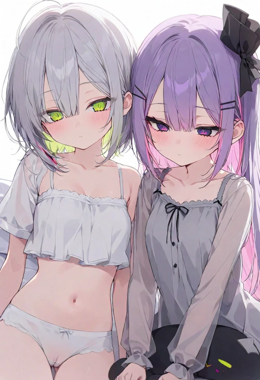 (muste piece), (best quality), (score_9, score_8_up, score_7_up), very detailed eyes, expressive eyes, perfect face, very detailed face, highly detailed face, beautiful girl, 8K, beautiful girl, (white background:1.3), delicate and beautiful face and eyes, dark intense shadow, 2 girls, vtuber style, cool girl, hololive, vtuber, (Tokoyami Towa, purple hair, green eyes, long hair), (amane kanata, multicolored hair, grey hair, short hair, purple eyes), messy hair, see-through:dress pajamas, bra, underpants, cameltoe, small breast, soft breast, cleavage, clavicle, half-closed eyes, sleeping, breathing, (full body), sleeping face, lying on bed, arm on forehead,