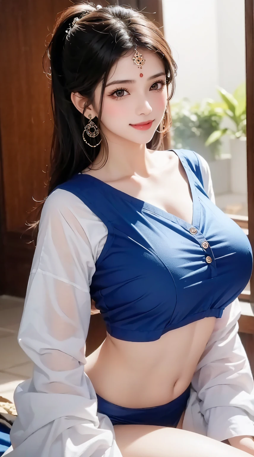 1girl, cute face,pretty face, jaw dropping beauty, cute smile, indian girl, cute indian girl, bindi, ((beautiful bindi)), ((beautiful shiny accessories)), accessories, pony tail,((open button t-shirt)),((ultra high detailed 1.9)),((ultra high resolution 1.9)),((ultra high quality 1.9)),(masterpiece)), (perfect lightings), (very Big breasts 1.9)), ultra huge breast , showing her sexy figure 