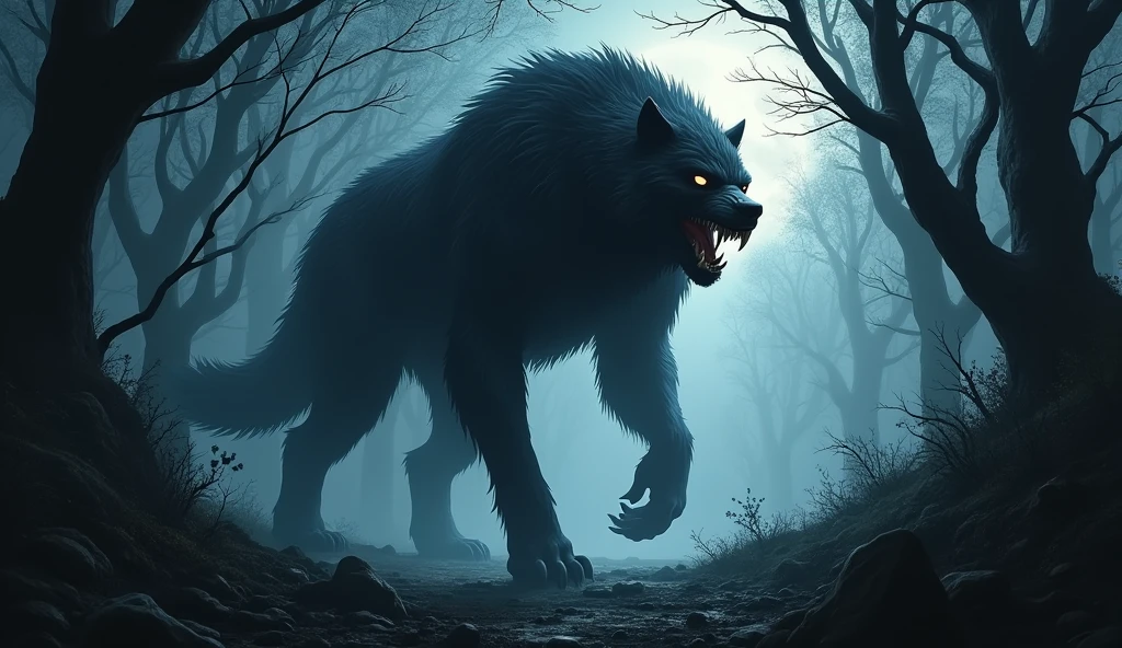 giant black humanoid werewolf.,illustration,apavorante,black forest,moonlights,terrifying atmosphere,bloody howls,(best qualityer,4K,8k,high resolution,work of art:1.2),ultra detali,realisitic:1.37, threatening werewolf, fear in the man&#39;s eyes, shadows that cause fear, trees swaying in the wind, eerie silence, fear of the unknown, intense emotions, horror movie scene, thrilling, adrenaline rush, clareira ao moonlights, rustling leaves, wild and untamed, Terrifying transformation, primitive instincts, panic expression, creepy encounter