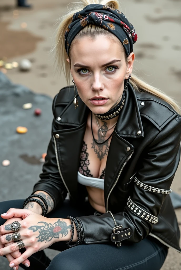 Anglosaxon old milf woman, , blonde platinum hair (ponytail, colourful bandana as headband), with very light green eyes, extremely pale. .Wearing studded cropped black moto jacket (verical zippers on the sides,skull badges on sleeves). Black lace push up bra, skinny dark blue jeans with worn and dirty knees.m Silver Chelsea boots with cuban heels. Lots of thick wide studded bracelets, chain collars and big rings. Tacky wide studded leather belt, with big skull and bones round buckle. Long earrings with chains. Squatting on a large torm, dirty usa flag, looking at the photographer. Craving heavily. Hands on knees. Waste and trash all over the floor. Her studded leather bag, thron away. Looking at the camera, chin up. Toned abdominals, thin neck, slim legs and thin arms. Neck, chest, belly, hands and arms completely tattoed. Dirt road of Nairobi after the rain, puddles on the ground, crowded with muscular shirtless men in jeans, street full of puddles, discarded food, fruits and garbage. Her studded black leather bag is a few metres behind her, her belongings scattered on the ground