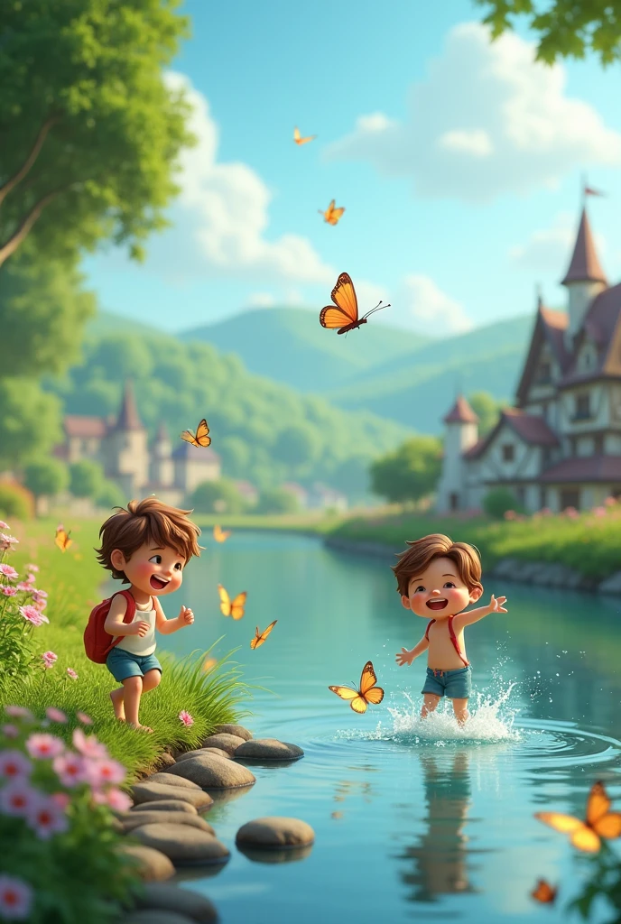 Children Playing by the River**
"In a 3D animation, cartoon style, depict a peaceful scene by a flowing river near the village. Children are playing happily by the water's edge, throwing stones and chasing butterflies. The background features lush greenery and distant views of the village with a mystical atmosphere, hinting at the presence of fairies, though none are visible."
