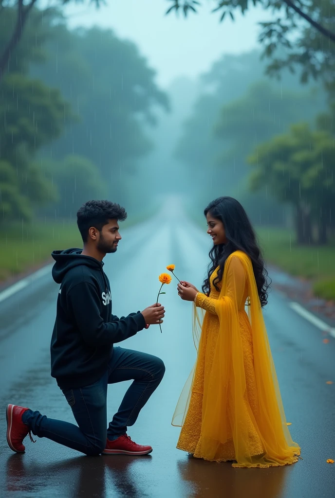 Realistic Indian 2 cute boy proposing on with 16 year beautiful girl in yellow lehenga the road with an and a flower on boy hand , wearing a black hoodie with name "Shyam" Asr name "nancy" write on it, after rain and no Boys, beautiful lonely picture, pretty girl standing in the rain, so happy picture, profile pic, rainy weather, beautiful realistic photo, ultra realistic picture, rainy day, very beautiful photo, hype realistic photo. It is raining with blue sky