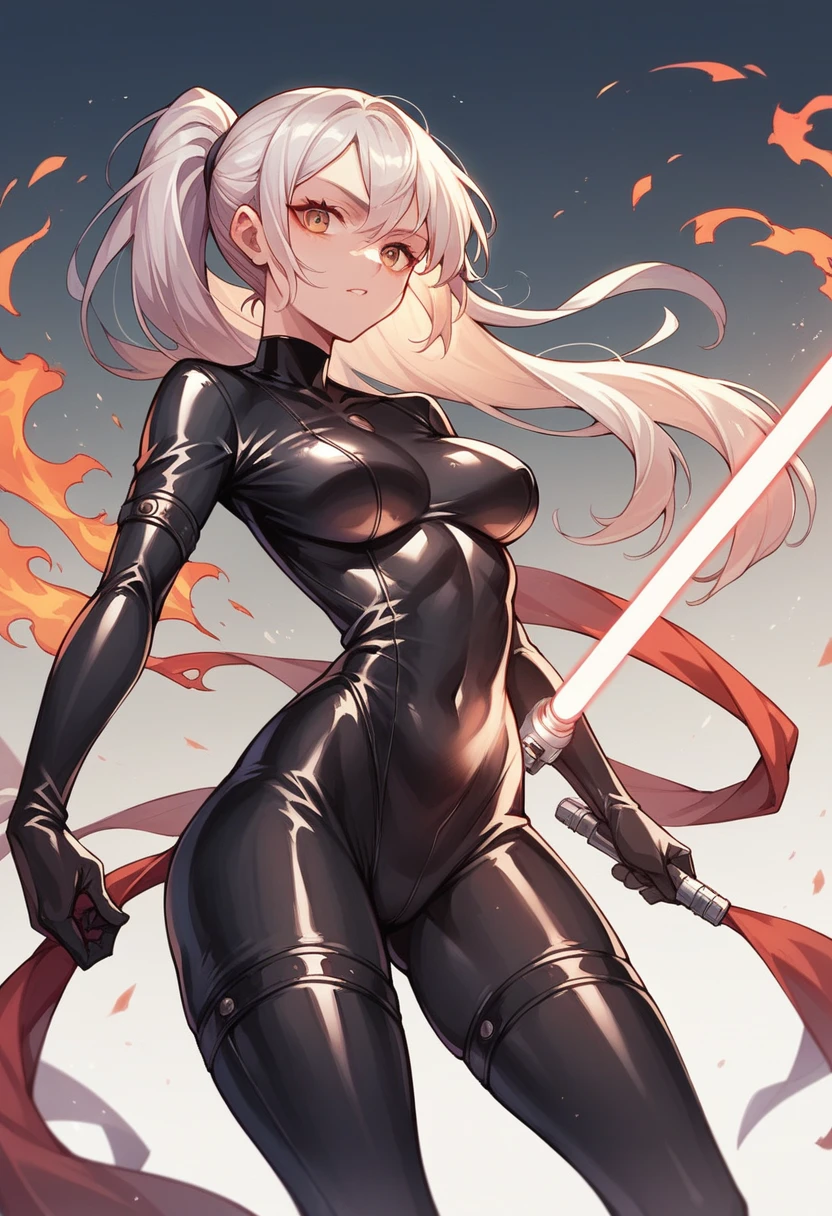 an anime girl stands with a lightsaber in her hand against the background of a burning city wearing a latex suit