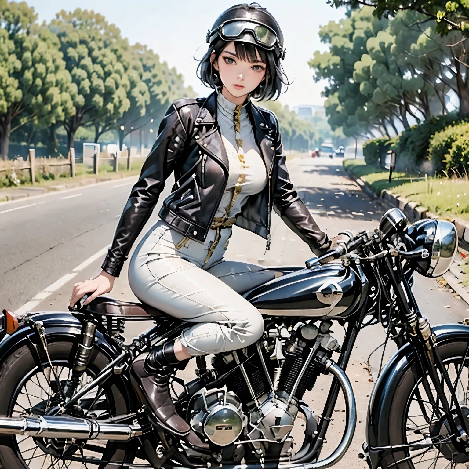 (Riding on motorcycle:1.2)、(Vintage Bikes、Bluff Superior SS100)、 Beautiful young woman、1 person、Beautiful Face, Beautiful and delicate eyes, Black Hair, Short Bob Hair、Classic Leather Jacket、Cromwell helmet with goggles、After the Rain、Isle of Man Races、English countryside、 Detailed Description、(Highest quality, masterpiece, High resolution)、8k、wallpaper