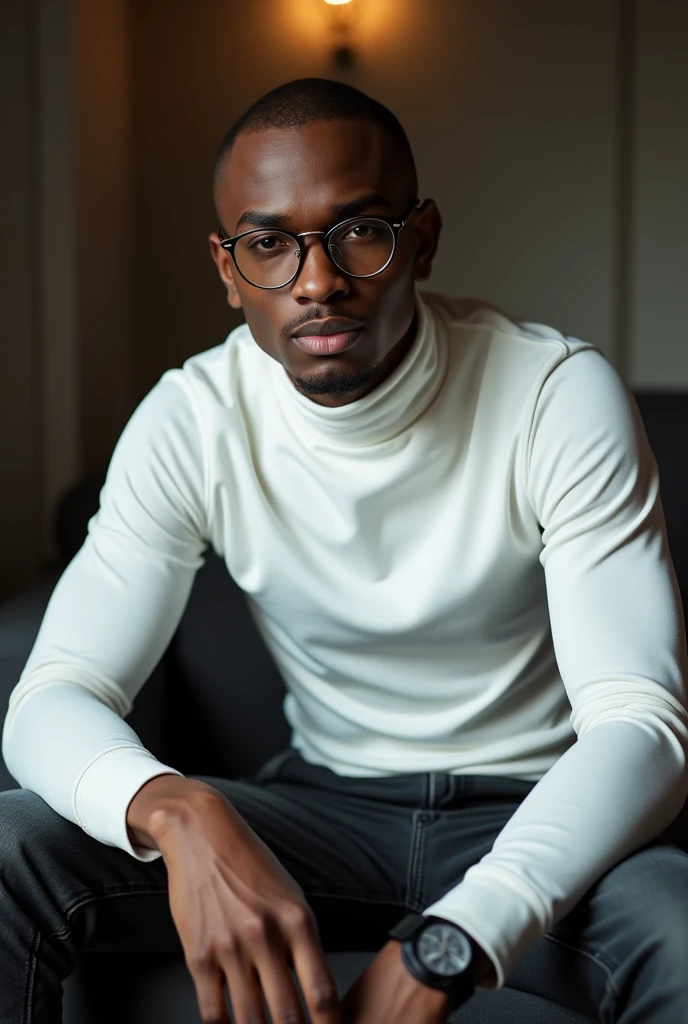 best qualityer:1.4), (ultra high resolution:1.2), (photorrealistic:1.4), (8k, CRU photo:1.2), a thin young man of 20 years old, skin black, with a smooth, beardless face, corte de cabelo buzzcut. thin build. He is wearing a white long-sleeved, high-neck shirt.. He is wearing black jeans. He is wearing glasses. He is sitting on the couch with a seductive look. Corte de cabelo buzzcut.