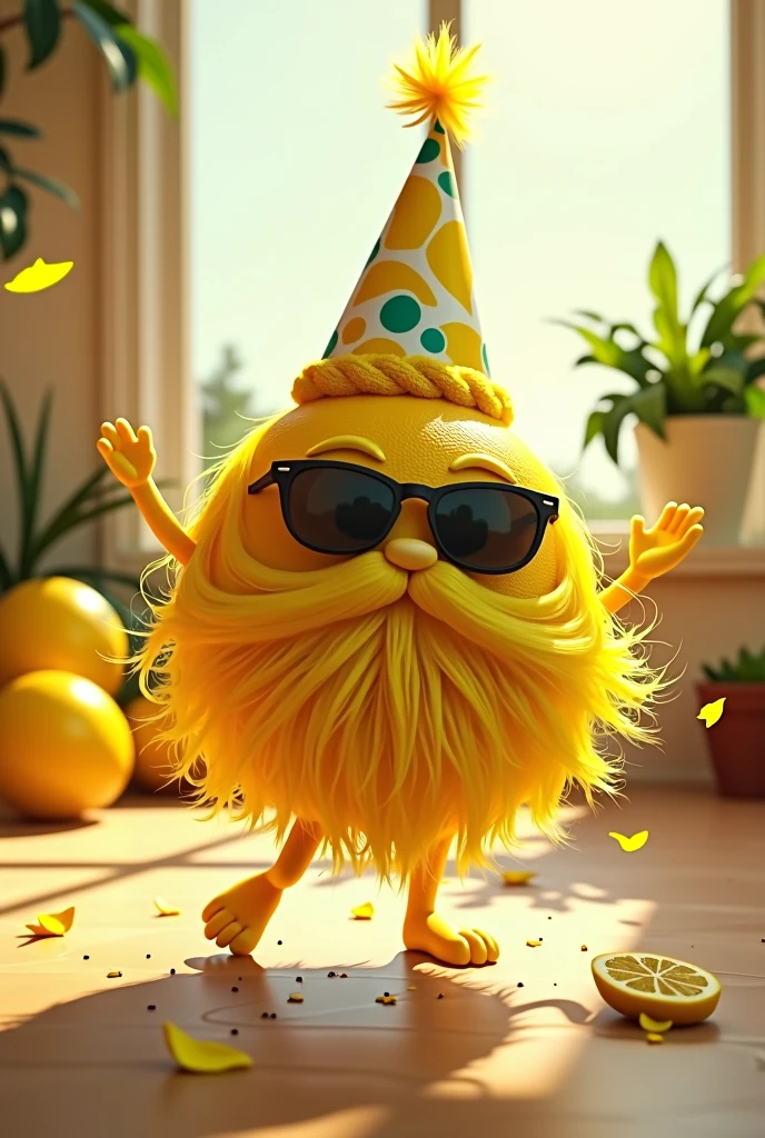 Lemon with beard dancing in sunglasses and birthday hat
