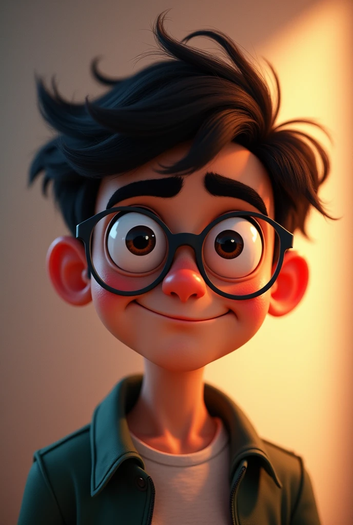I want a man with thick eyebrows and full mouth with round glasses in animation style and Black Brown eyes and a Very short hair and a mistery smile