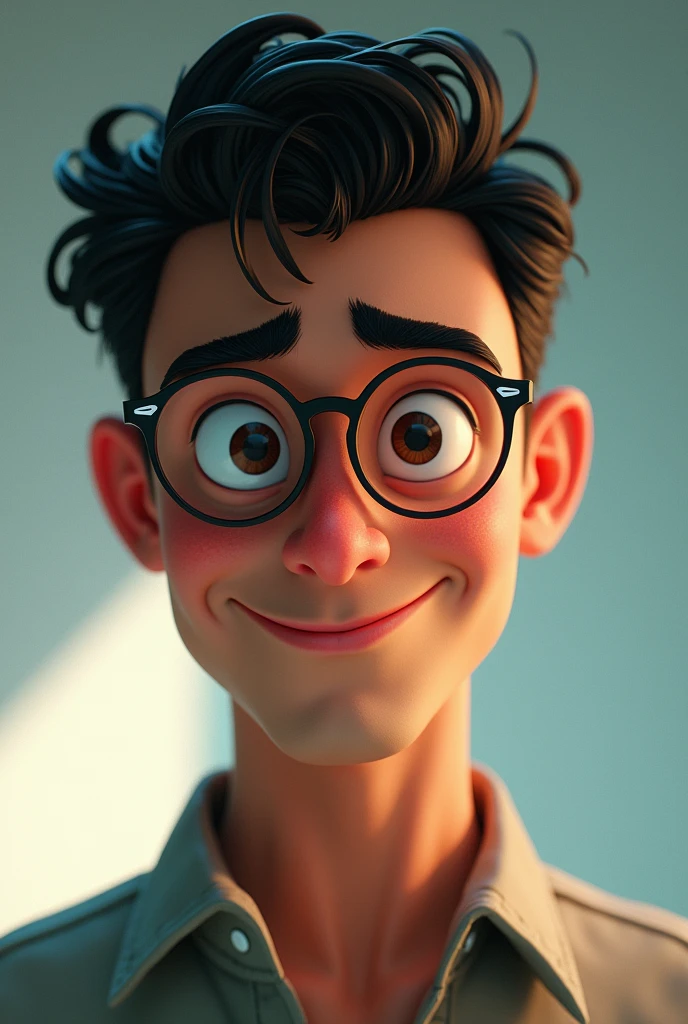 I want a man with thick eyebrows and full mouth with round glasses in animation style and Black Brown eyes and a Very short hair and a mistery smile