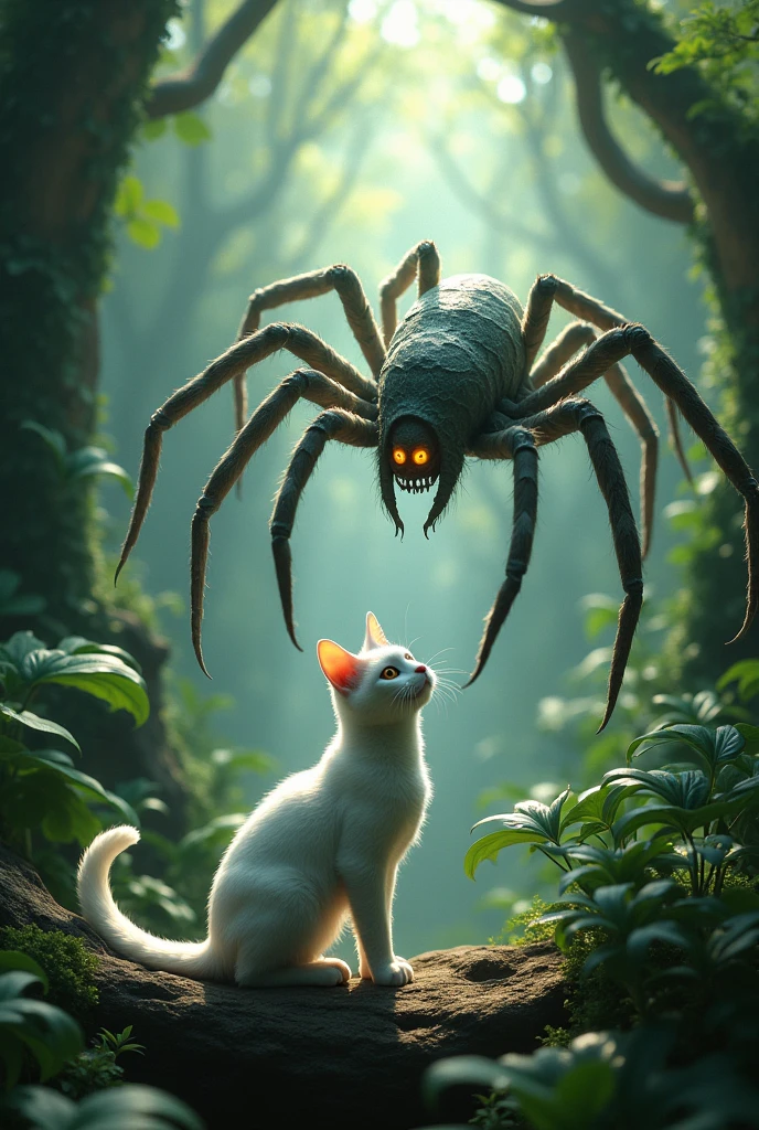 A white cat convart a spider cat in jungle 