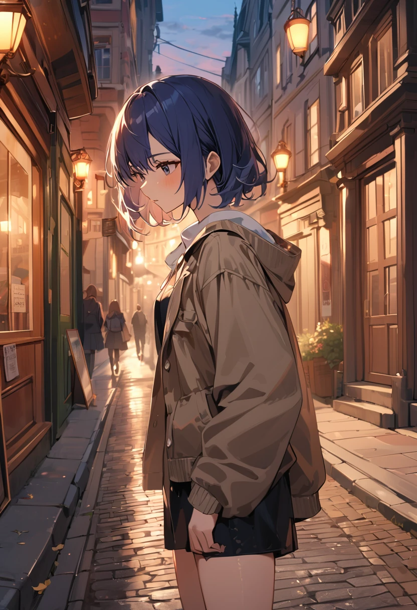(masterpiece, best quality),sightseeing,a cute girl walking down street with a tree, budapest street background, streets of heidelberg, at dusk, streetscape, outdoors european, photograph, detailed, BREAK (girl,,detailed face,(darkblue hair, wavy-short hair),eyebrows,middle small breasts),look away,