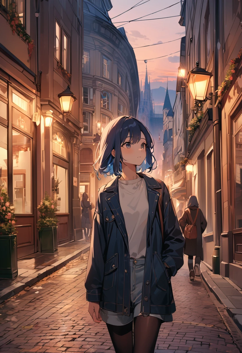 (masterpiece, best quality),sightseeing,a cute girl walking down street with a tree, budapest street background, streets of heidelberg, at dusk, streetscape, outdoors european,  photograph, detailed, BREAK (girl,yo,detailed face,(darkblue hair, wavy-short hair),eyebrows,middle small breasts),look away,