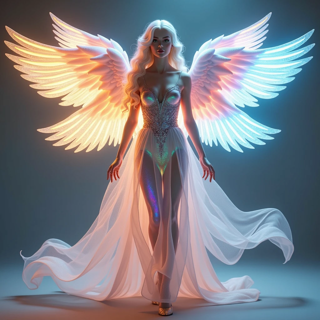 One person, (((ドレス姿1.5))), ((((3 pairs of 6 wings:2.0)))), Beautiful angel, (((The upper wing is warm colored, the middle wing is iridescent, and the lower wing is cool colored.))), (rainbow colop body), 2 tails, Holographic, (The wings are symmetrically paired;1.8), Rainbow gradient