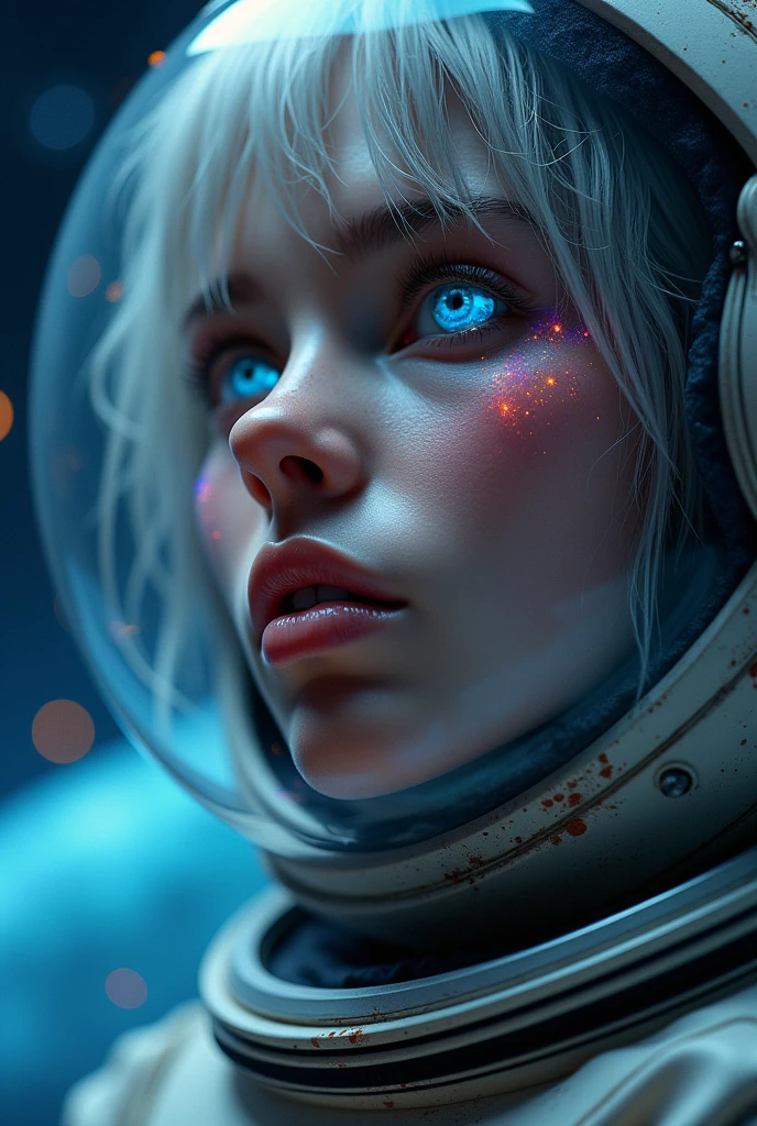 (Close-up of a better masterpiece:1.5)0.9], (Space and astronauts:1.2) (Messy silver hair:1.1) (Heterochromia xanthochromia and blue eyes:1.2) (Space Helmet:1.0) (Colored stars in the eyes:1.0) (A radiant glow:1.1) (thick lips:0.9)
