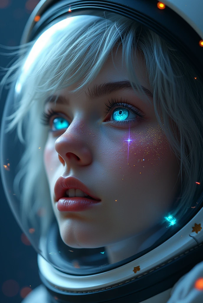 (Close-up of a better masterpiece:1.5)0.9], (Space and astronauts:1.2) (Messy silver hair:1.1) (Heterochromia xanthochromia and blue eyes:1.2) (Space Helmet:1.0) (Colored stars in the eyes:1.0) (A radiant glow:1.1) (thick lips:0.9)