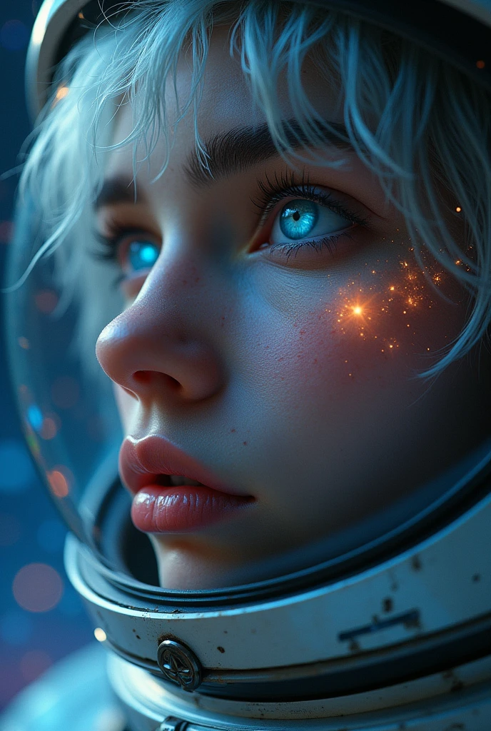 (Close-up of a better masterpiece:1.5)0.9], (Space and astronauts:1.2) (Messy silver hair:1.1) (Heterochromia xanthochromia and blue eyes:1.2) (Space Helmet:1.0) (Colored stars in the eyes:1.0) (A radiant glow:1.1) (thick lips:0.9)