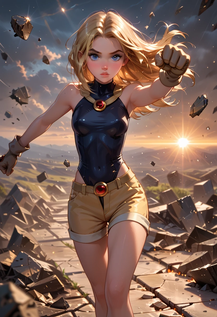 score_9, score_8_up, score_7_up, score_6_up, cinematic image, BREAK 1girl, solo, Terra from Teen Titans (Terra_Markov, gloves, shorts, leotard:1.5), sexy woman, BREAK sunshine, daytime, (action pose, punching the pathway, cracked paving, debris flying:1.3), BREAK (dimly lit:1.1), (cinematic lighting:1.2),, shallow depth of field, vignette, BREAK highly detailed, highly detailed face, bokeh, moody, epic, gorgeous, grainy, BREAK (ultra-detailed), (best illustration), (best shadow), (absurdres), (detailed background), (very aesthetic).