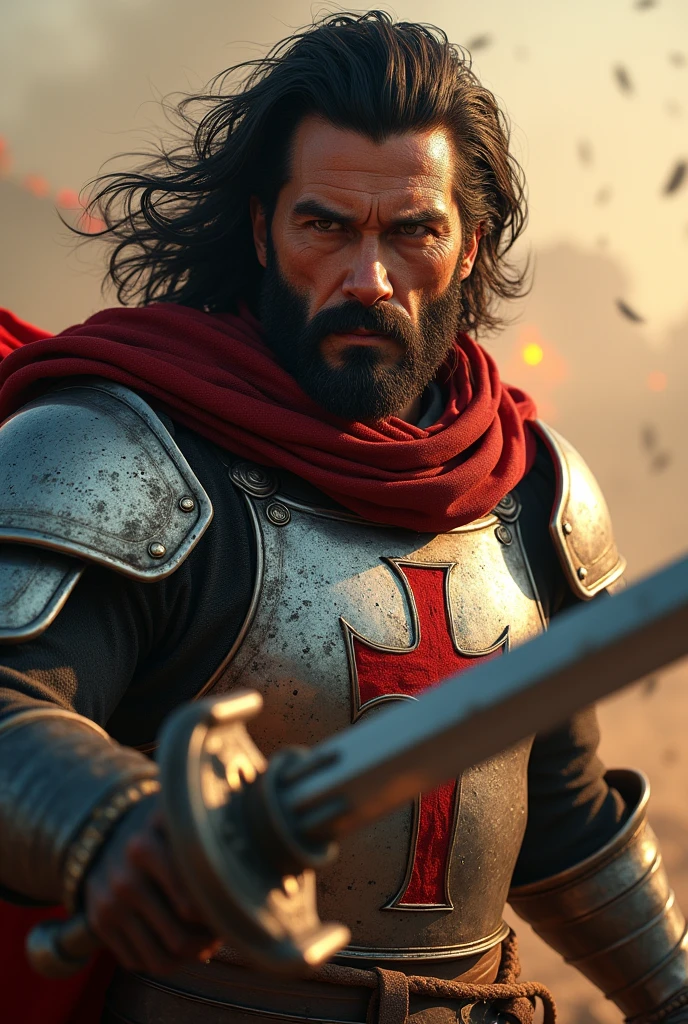 "(masterpiece, best quality:1.5), (dramatic lighting:1.4), ((close-up focus on the protagonist)), (highly detailed:1.3), (epic action scene:1.4), protagonist with a rugged and weathered face, long wavy dark hair, and a well-groomed beard, intense and determined expression, (deep-set eyes full of resolve), wearing steel armor with intricate engravings, the red cross emblem prominently displayed on his chest, (armor reflecting the morning sunlight:1.2), holding a sword with both hands, poised to swing it down with immense force, muscles visibly tensed, (dynamic and powerful stance:1.3), wind catching his hair and the edges of his red scarf, (dust and debris swirling around), ((hyper-realistic skin textures and detailed facial features)), (8k resolution), Unreal Engine, (cinematic lighting with strong shadows), (epic scale:1.5)"